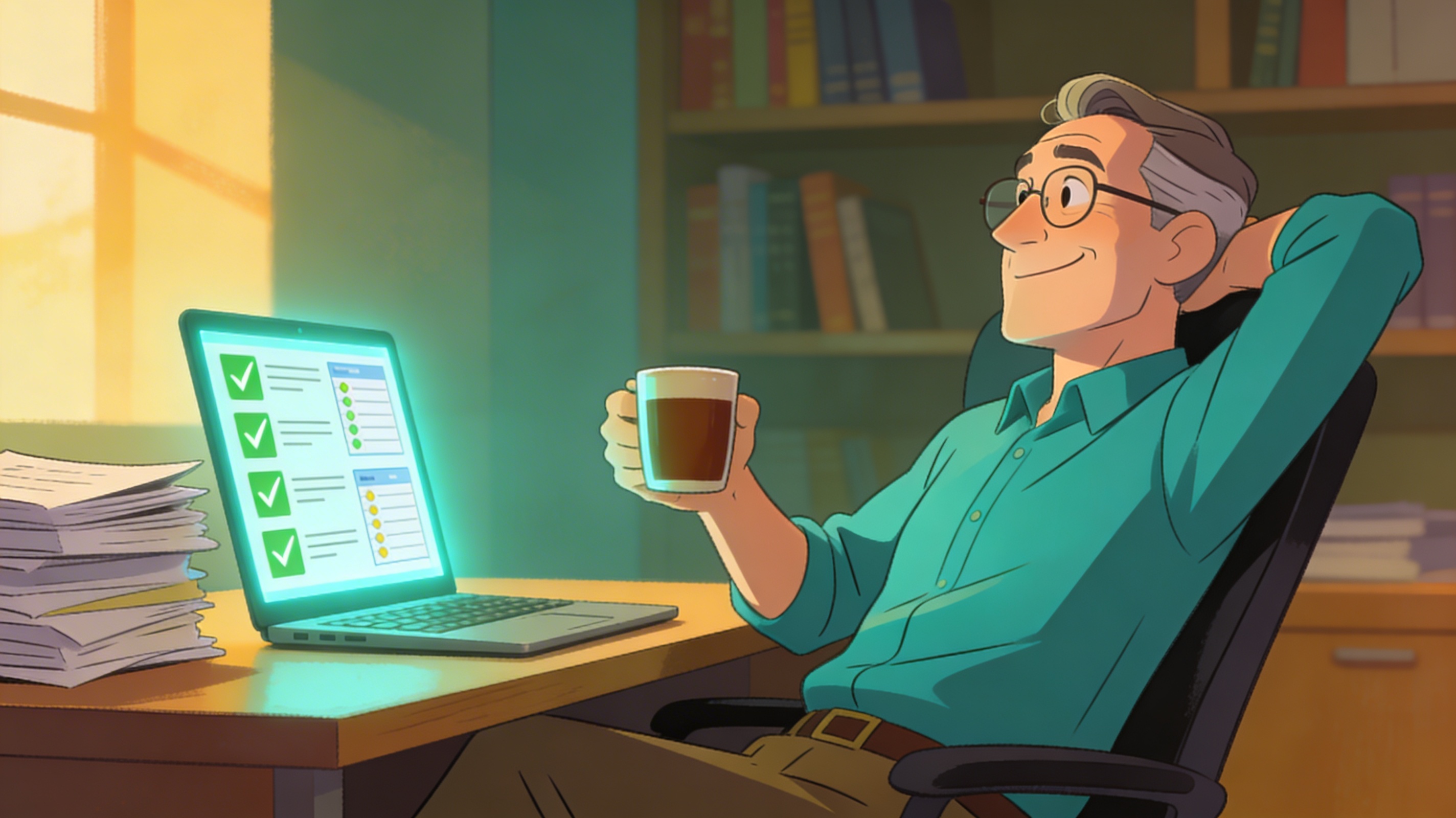 A relaxed instructor reviewing grades on a laptop — reclaimed time after using ScoreWise AI